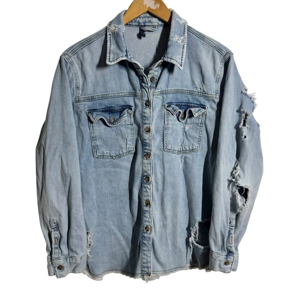 Pilcro Denim Shirt Women M Blue Light Wash Distressed Button Up Western‎ Country